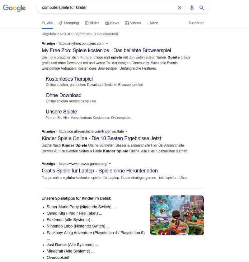 Google Platzierung: Einträge durch bezahlte Anzeigen versus organische Suchergebnisse