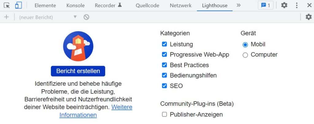 Schaubild Lighthouse Chrome Erweiterung in Entwicklertools | Webseitenliebe