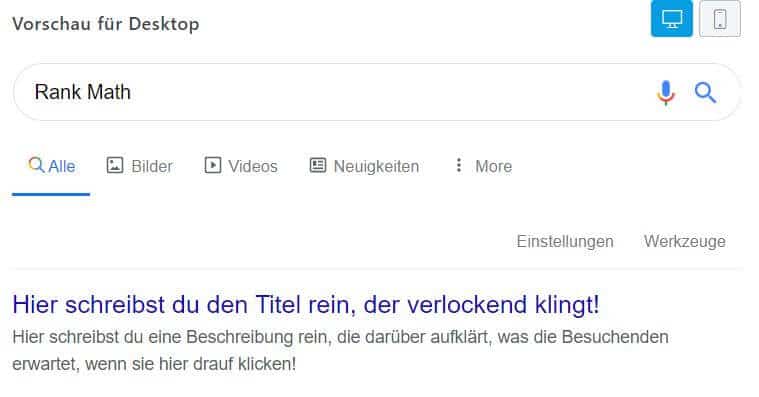 Screenshot SEO Einstellungen Meta Beschreibungen Google Snippet Vorschau Rank Math Screenshot SEO Einstellungen Meta Beschreibungen Google Snippet Vorschau Rank Math