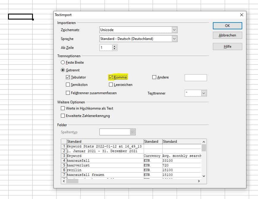 Screenshot Textimport aus CSV Datei in eine Tabelle