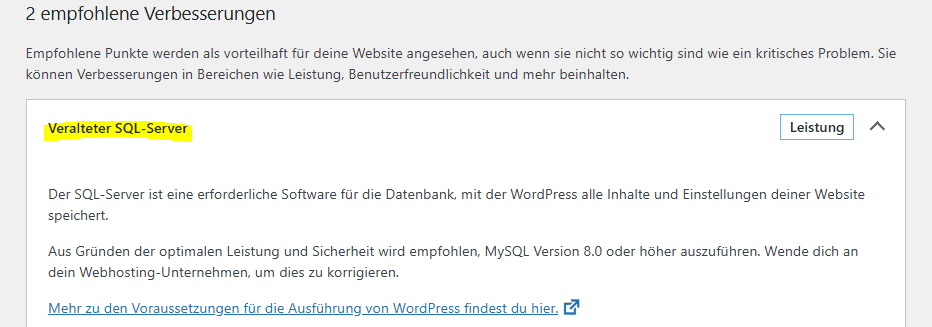 Screenshot aus dem WordPress Dashboard zum Thema Zustand der Website mit konkreten Empfehlungen.